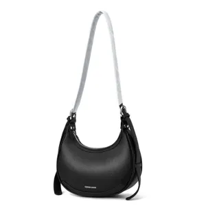 Black crescent shoulder bag for women, trendy PU leather hobo crossbody bag for daily use.