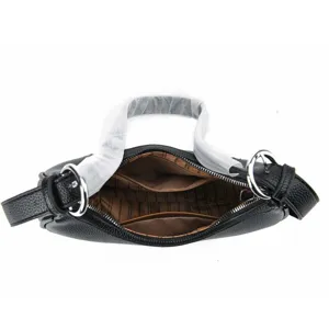 Black crescent shoulder handbag detail view, featuring silver metal rings and brown striped lining.