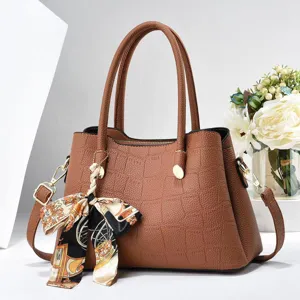 Braune Krokodil-Textur Handtasche mit Seidenschal, elegante Damentasche für den Alltag.