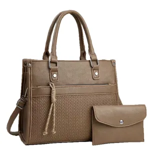 Brown women's handbag set with tote bag and matching wallet, casual daily fashion style.