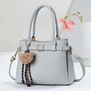 Grijze PU lederen handtas met schattige berenhanger, elegante zakelijke casual schoudertas voor dames.