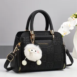 Women PU Leather Handbag Large Capacity Casual Tote Shoulder Bag Urban Minimalist Chic Top Handle Bag With Cute Pendant