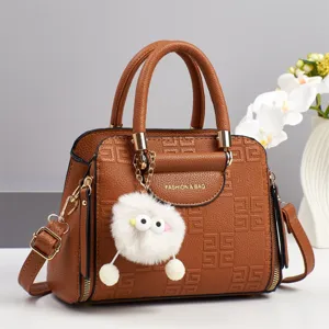 Stylish brown women handbag with geometric pattern, large capacity top handle shoulder bag.