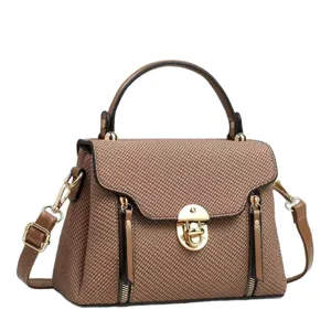 Fashionable women's shoulder crossbody bag in brown tweed texture with elegant gold hardware.