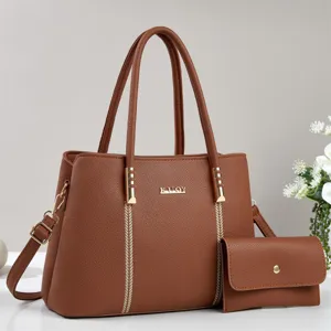 Brown PU leather women handbag tote shoulder bag set with small clutch and metal details.
