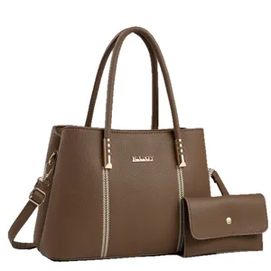 Stylish brown women's PU leather handbag and crossbody bag set with elegant metal hardware.