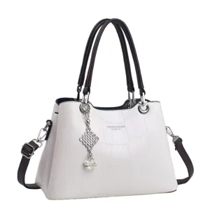White crocodile texture leather shoulder bag for women with top handles and cross body strap.