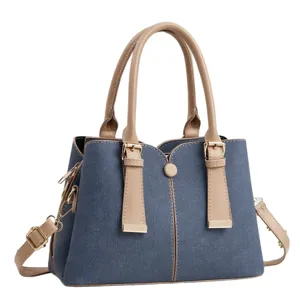 Elégant sac à main fourre-tout pour femme en denim et cuir avec bandoulière bicolore chic