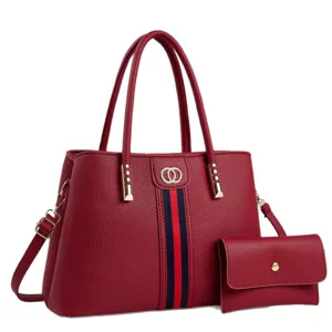 Elegant red leather tote handbag two piece set for women with classic stripe and matching wallet