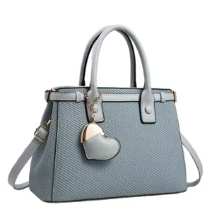Elegant gray woven women handbag with chic heart pendant stylish top handle shoulder bag.