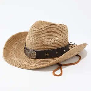 Chapeau de Cowboy Occidental en Paille pour Hommes et Femmes Casquette de Soleil Vintage Tressée à Large Bord Plage Extérieure Mode Fedora