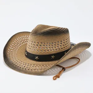 Close-up detail of western cowboy straw hat with gradient weave, black star studded band.
