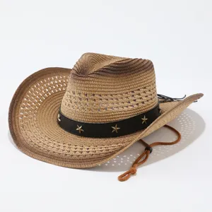 Close-up detail of the woven straw cowboy hat featuring a stylish gradient crown and star band.