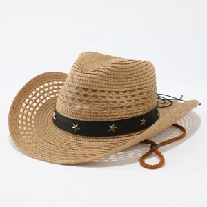 Western cowboy straw hat detail showcasing breathable mesh and star decorated leather band.