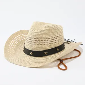 Straw western cowboy hat with black leather band and stars for women men fashion sun.