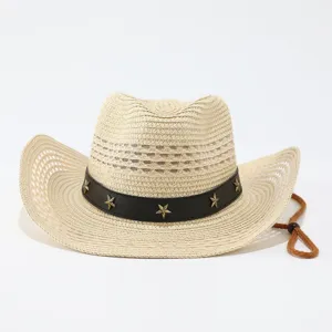 Straw cowboy hat for women men, retro woven Panama jazz fedora with star rivets and chin strap.