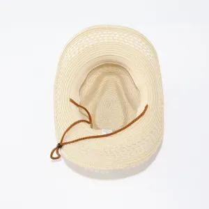 Western cowboy straw hat for women and men, retro woven sun hat with adjustable chin strap.