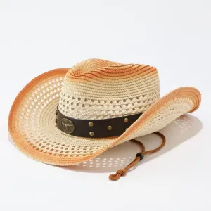 Sombrero de paja de vaquero occidental para hombres y mujeres, sombrero de sol de ala ancha.