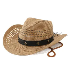 Classic straw cowboy hat with star studded black band and chin strap for outdoor summer wear.