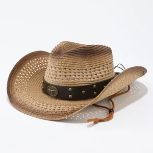 Sombrero de paja cowboy western para hombre y mujer sombrero de sol casual con banda de cuero.