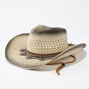 Amerikanischer Vintage Stroh Cowboyhut Breite Krempe Atmungsaktiv Sonnenschutz Western Strand Fedora Sonnenschirm Hut Für Erwachsene