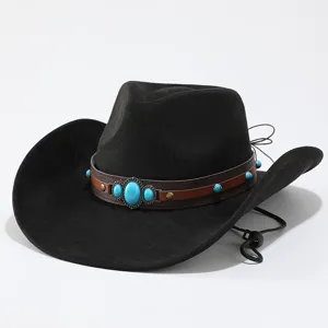 Black western cowboy hat with turquoise stone brown leather band retro style detail view