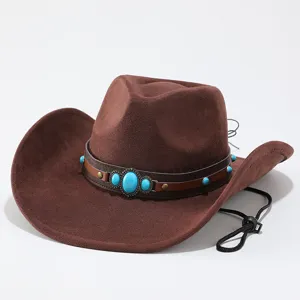 Brown suede cowboy hat detail featuring turquoise stone embellishment and adjustable chin strap.