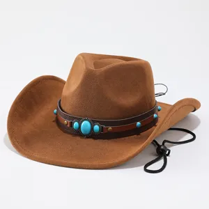 Detail view of brown suede western cowboy hat with turquoise stone leather band and chin cord.