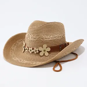Cappello di Paglia da Cowboy Occidentale Vintage per Donna Tesa Larga Protezione Solare Cappello Jazz Con Fascia in Pelle Fiori Rivetti