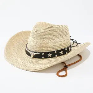 Western Cowboy Strohoed Voor Heren Dames Brede Rand Zonnehoed Met Metalen Koeienkop Ster Nieten Leren Band Winddichte Strandhoed