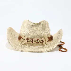 Cappello da cowboy in paglia occidentale da donna, cappello da sole estivo all'aperto.