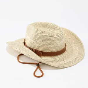 Cappello da cowboy in paglia beige con fascia in ecopelle marrone e sottogola, cappello da sole.