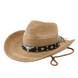 Westerse cowboy strohoed voor heren en dames, brede rand zomerse zonbescherming strandhoed.