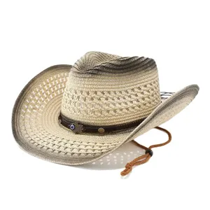 Amerikaanse retro stro cowboyhoed, zomervonbescherming brede rand strohoed met metalen bedel.