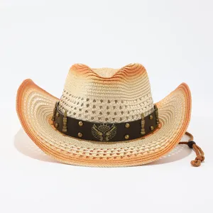 Vista dettagliata del cappello di paglia cavo stile esterno tesa larga cowboy western