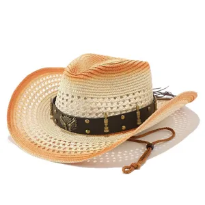 Cappello da sole in paglia traforata per esterni, stile cowboy western a tesa larga.