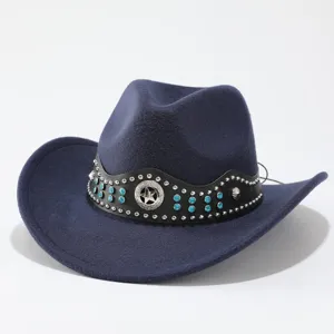 Wollfilz Western Cowboy Hut mit nietenbesetztem Lederband, blauen Strasssteinen und Stern.