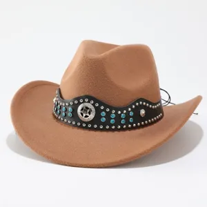 Brauner Wollfilz Western Cowboy Hut mit schwarzem Nieten-Strass Lederband und Stern.