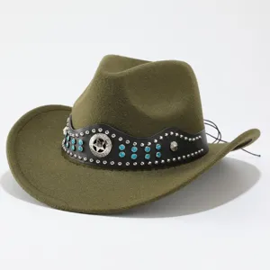 Modischer grüner Woll Cowboyhut mit Nieten und Strass Band Unisex Fedora Hut für Damen