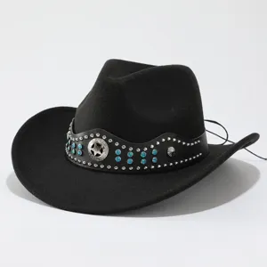 Schwarzer Wollfilz Western Cowboy Hut mit Strass Nieten, Stern und verstellbarer Kordel.