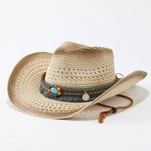 Westerse Cowboy Strohoed Dames Heren Zomer Zonwering Jazz Hoed Boho Kralen Kwastje Decor Strand Zonnehoed Ademend Stro Weefsel Brede Rand Hoed