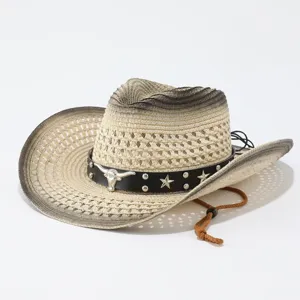 Zomerse westerse cowboy strohoed voor heren en dames, zonnehoed strandhoed met stierenkop.