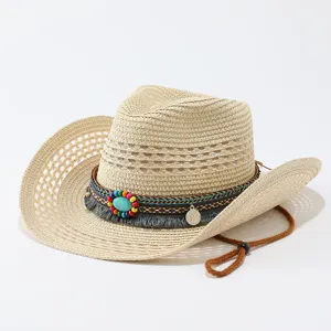 Zomer geweven stro cowboyhoed met kralen kwastjes ademende zonbescherming strandhoed