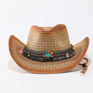 Geweven stro cowboyhoed met kleurrijke kralenband franje zomer outdoor zonbescherming