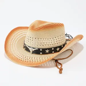 Western Cowboy Strohoed Voor Heren Dames Zonbescherming Brede Rand Strandhoed Met Stierkop Metalen Decor Zomer Reishoed