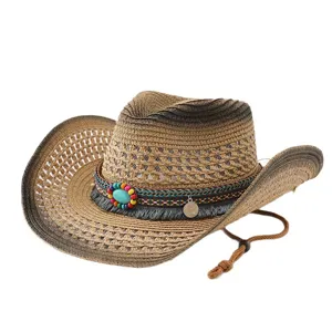 Unisex zomer strohoed zonnekap met etnische kralenband en kinband voor strand en reizen.