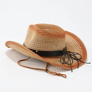 Gedetailleerde close-up van de strooien cowboyhoed met verloopweving en zwarte lederen band.
