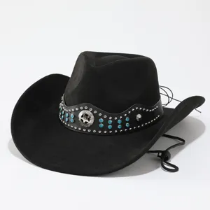 Detail view of men's wide brim black leather cowboy hat with rhinestone star band.
