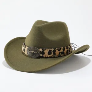 Green wool felt cowboy hat detail, featuring leopard print hatband with a metal longhorn skull.