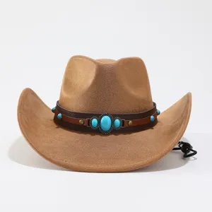 Brown suede western cowboy hat with leather band and turquoise stone decor for men and women